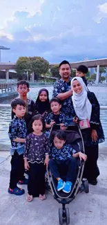 Happy family enjoying Marina Bay view with blue skies.