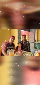 Family enjoying dinner with vibrant colors in a wallpaper setting.