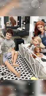 Family dolls enjoying a cozy room setting.