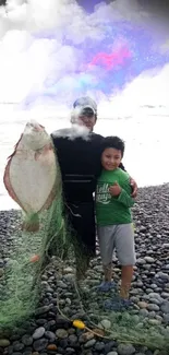 Family fishing adventure with big fish on the beach.