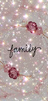 Rose gold glitter wallpaper with 'family' text and roses.