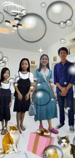 A family stands in a room with bubbles and cats, creating a whimsical display.