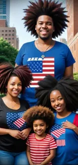 Happy family in American flag shirts.