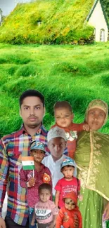 Family portrait in lush green landscape mobile wallpaper.