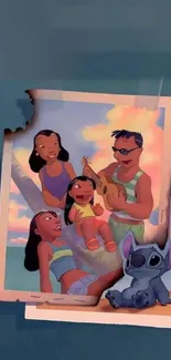 Animated family with Stitch on tropical island.