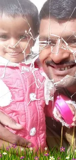 Smiling father and child behind cracked glass with vivid colors.