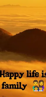 Scenic sunset over mountains with 'Happy life is family' text.