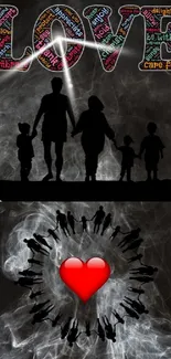 Silhouetted family with heart symbol and love typography on wallpaper.