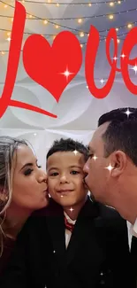 Family kissing child with love text.