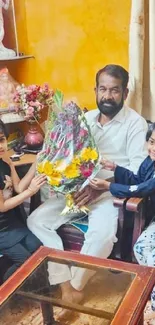 Family moment with flowers in a cozy home setting.