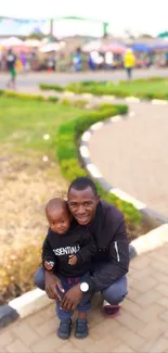 Father kneeling with child on a park path, smiling broadly.