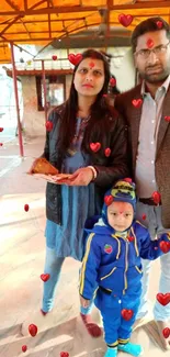 Family standing together with red hearts decoration.