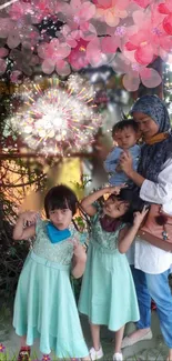 Family enjoying a vibrant moment under pink blossoms with mint outfits.