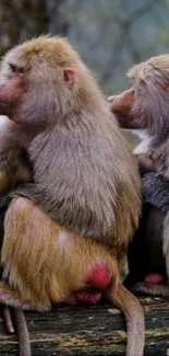 A family of baboons sitting closely in a forest setting.