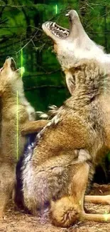 Wolf family howling together in a green forest landscape.