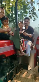 Family enjoying a tractor ride in nature.