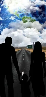 Family walking on road towards Earth under blue sky.