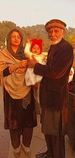 A family enjoying a warm sunset on a scenic terrace.