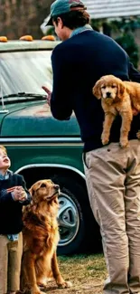 Father and son playing with golden retrievers outdoors.