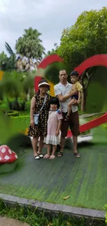 Family enjoying a vibrant park scene with hearts.