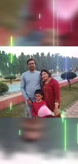 Family enjoying a moment in the park with neon light effects.