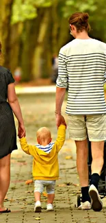 Family walking in green park path with trees and stroller.