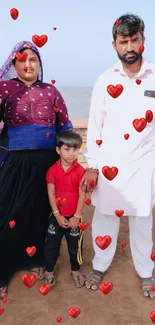 Family at the seaside with vibrant outfits.