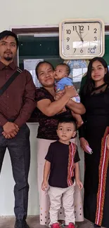 Family standing together in a home setting with a visible wall clock.