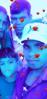 Family photo with red heart effects and vibrant blue hues.