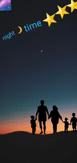 Silhouette of family under night sky with stars and crescent moon.