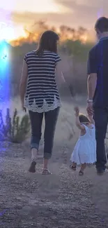 Family walking together during sunset, creating a warm and serene scene.