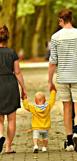 Family walking through a tree-lined autumn park path.