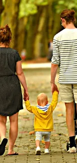 Family walking on a leafy autumn park path.