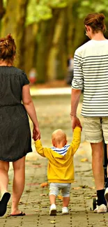 Family walking through a leafy autumn park.