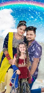 Family posing happily under a rainbow in a colorful sky.