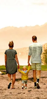 Family stroll by swings at golden sunset with mountain and lake view.