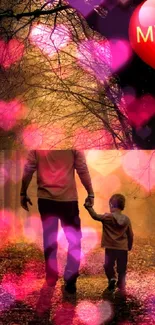 Father and child in autumn forest with heart symbolizing family love.