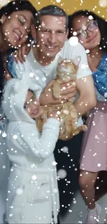 Family enjoying winter with snowflakes and cat.