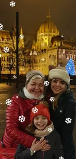 Family enjoying a winter night in Budapest with festive lights.