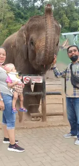 Family standing with an elephant at the zoo.