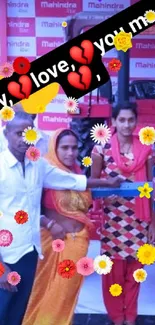 Family standing beside a red Mahindra tractor, expressing love and joy.