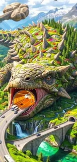 A giant reptilian monster incorporated with a scenic tunnel road.