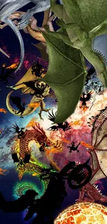 Fantasy creatures in a galaxy setting with dragons and cosmic elements.