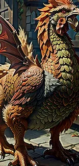 Fantasy dragon rooster in vibrant colors as mobile wallpaper.