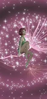 Magical pink fairy with sparkling stars in a whimsical wallpaper.