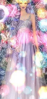 Mystical fairy with lavender dress and wings in celestial landscape.