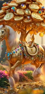 Golden horse with jewel decorations and coin-laden tree in a vibrant setting.