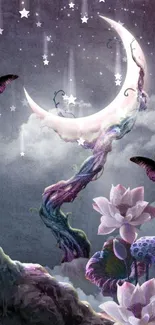 Fantasy moon with butterflies and lotuses under a starry sky.