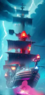 Fantasy ship in stormy seas with vibrant lightning and glowing accents.