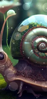 Fantastical snail in a vibrant, enchanting garden setting.